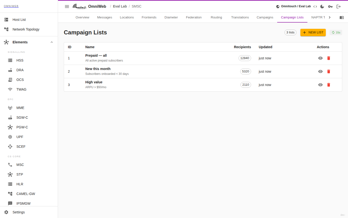 The Campaign Lists tab listing recipient lists with name and description, and the append‑recipients form