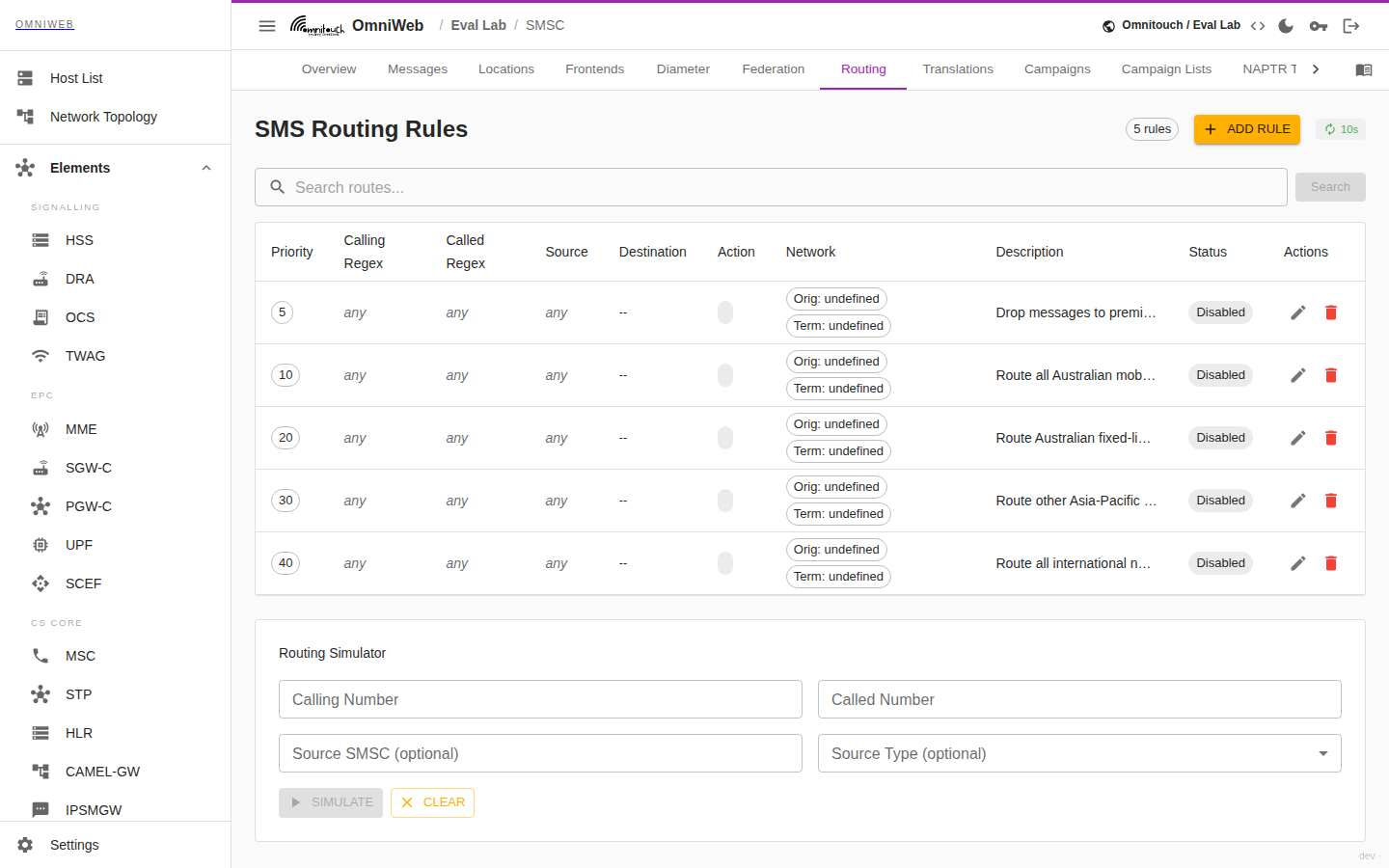 The Routing tab listing SMS routing rules by priority with calling/called match, source, destination and enabled state