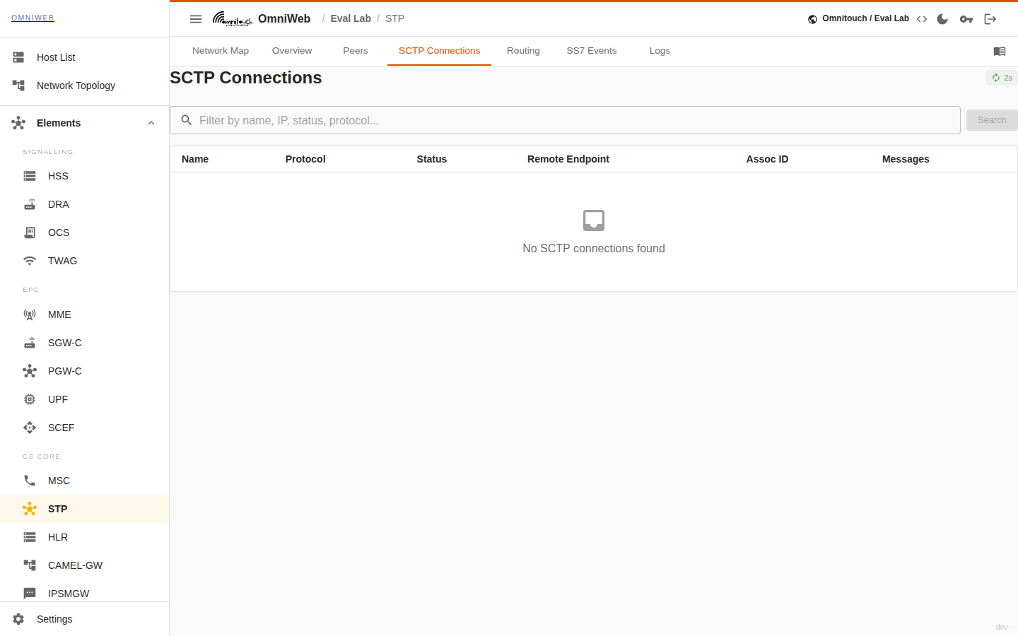 The STP SCTP connections tab listing each SCTP association with role, endpoints, stream counts, byte and message counters and last activity