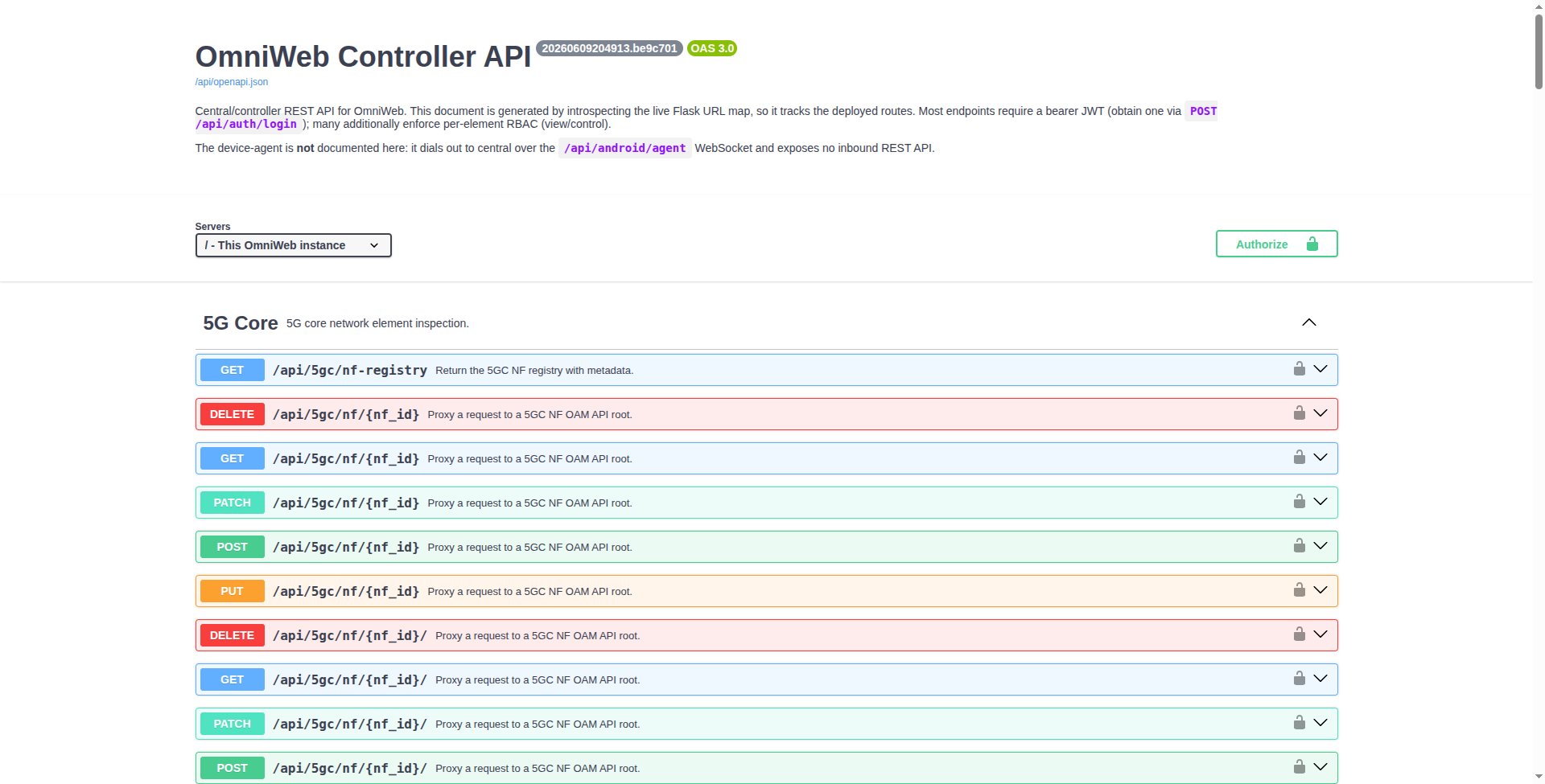 Swagger UI at /api/docs — every controller endpoint, grouped by area, with Authorize for live calls
