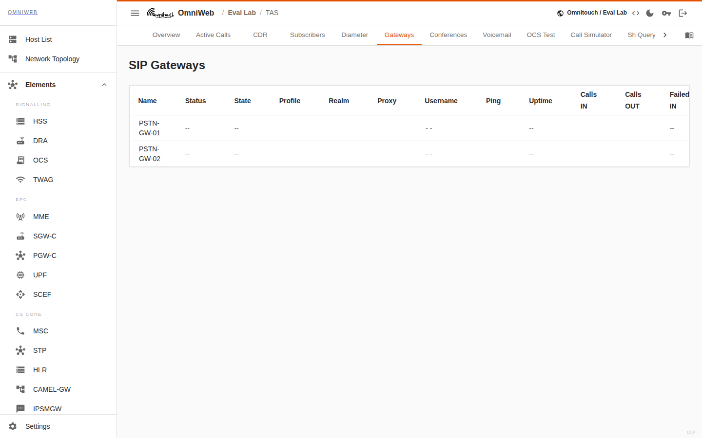 The Gateways tab listing SIP gateways and their registration/connection status