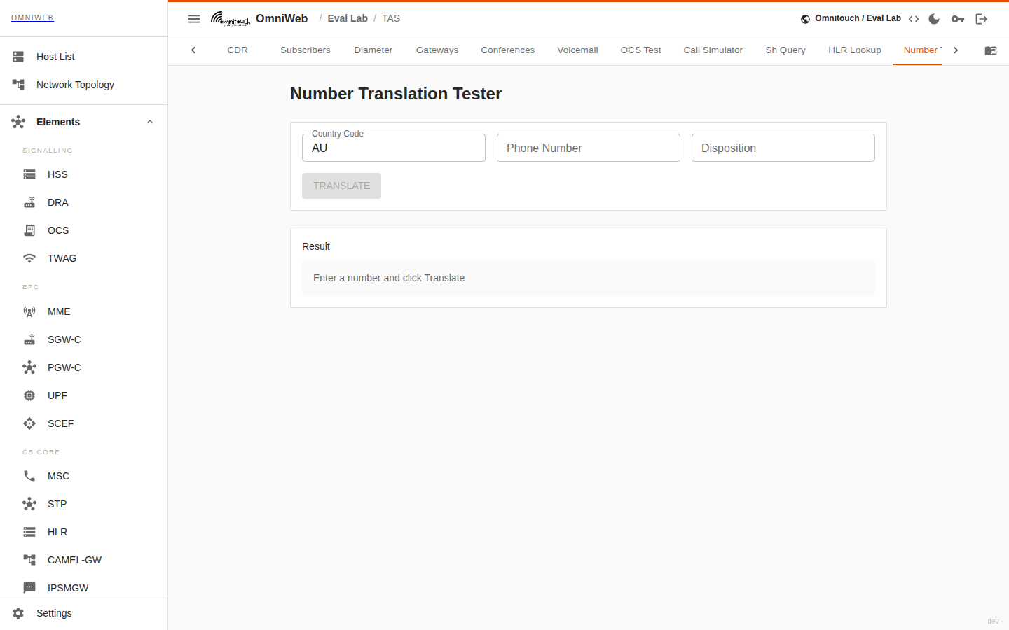 The Number Translation tab — a form for country code, phone number and disposition, with the translated number shown below
