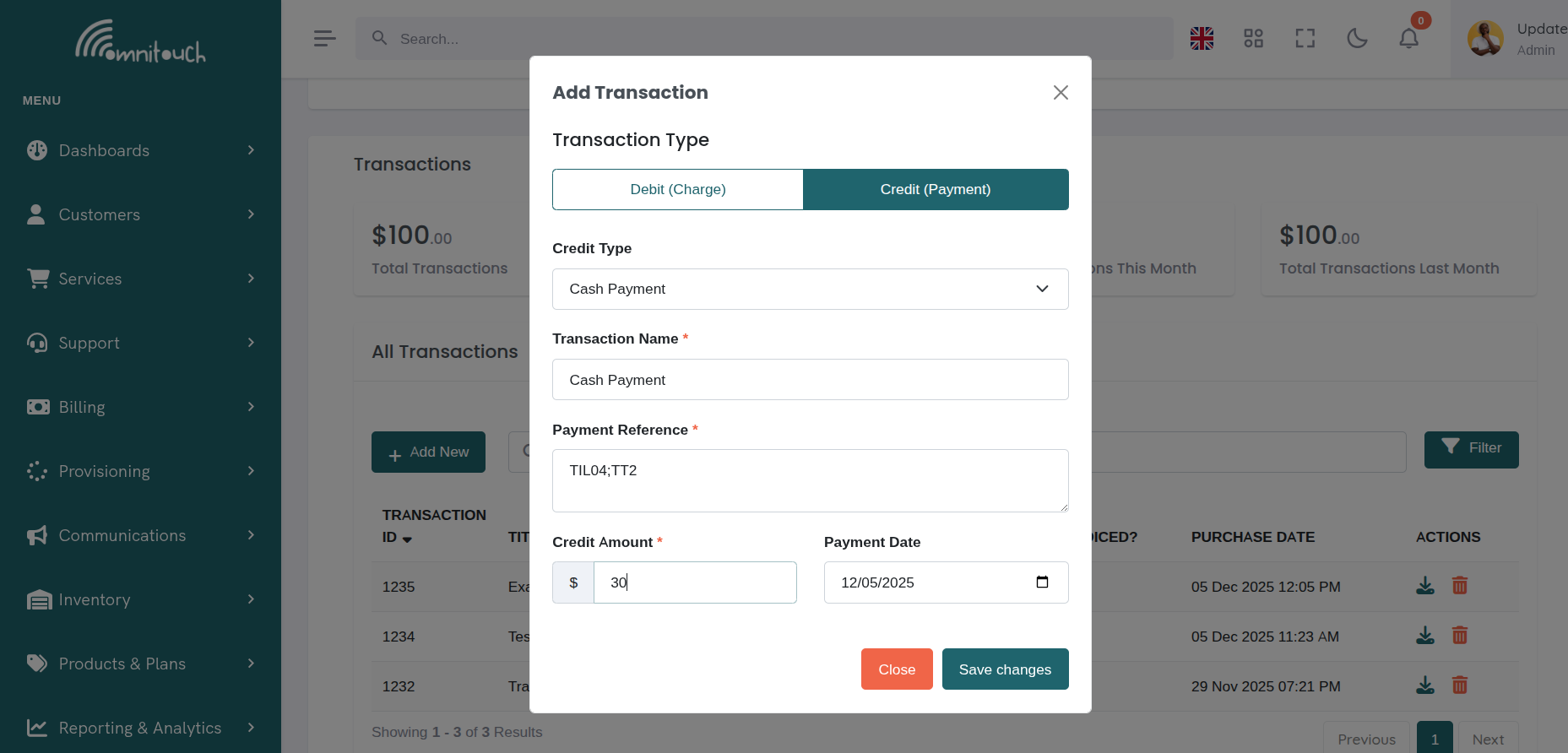 Add Credit Transaction Modal