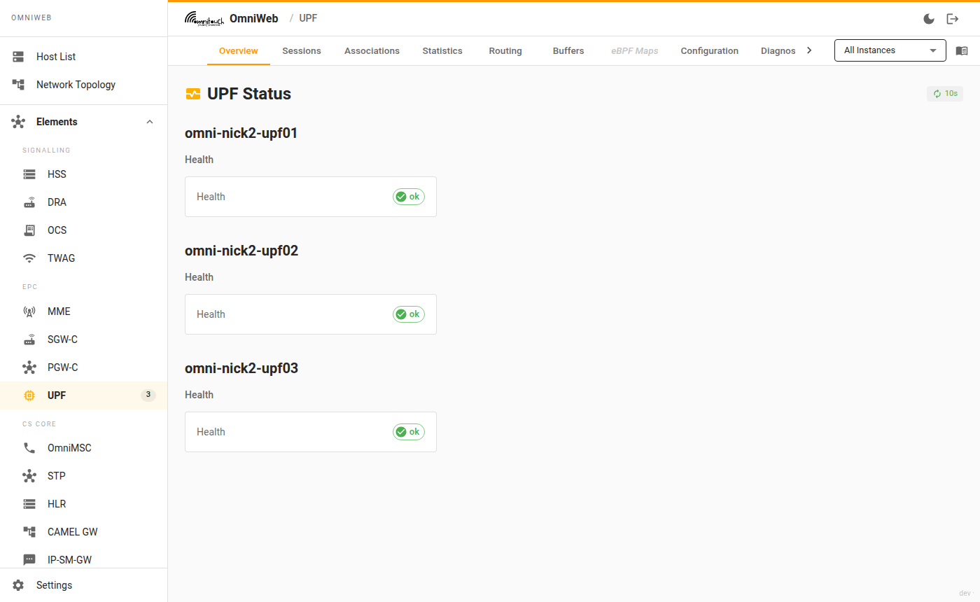 UPF fleet view showing three instances — omni-nick2-upf01, upf02, upf03 — each with a health status card