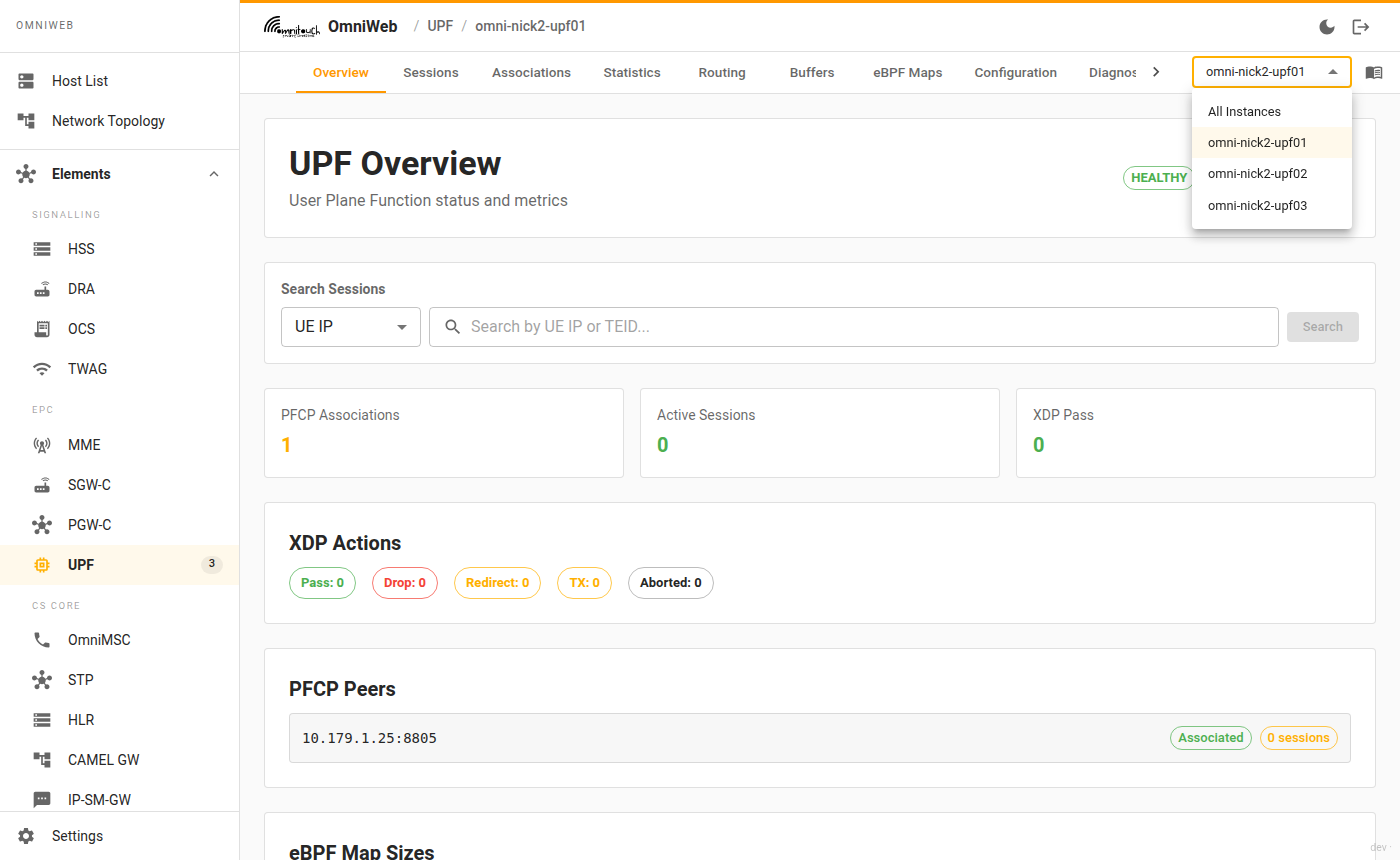 Instance selector dropdown open, showing All Instances, omni-nick2-upf01, omni-nick2-upf02, omni-nick2-upf03