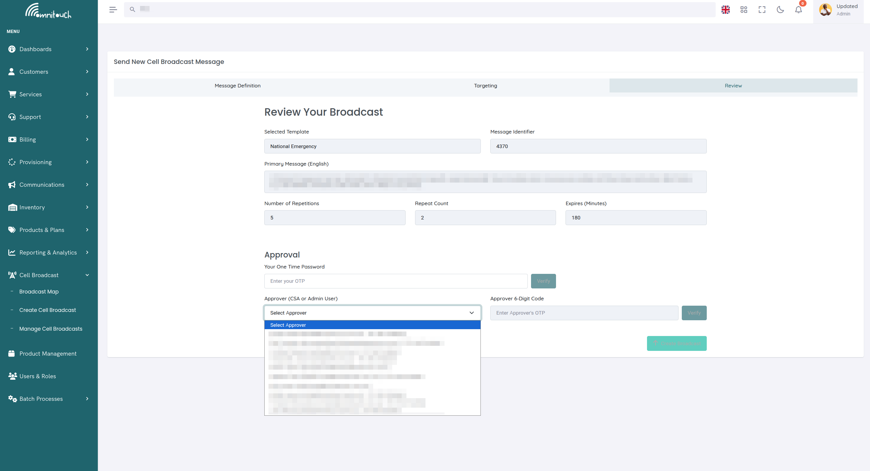 Revisión del Mensaje de Difusión Celular