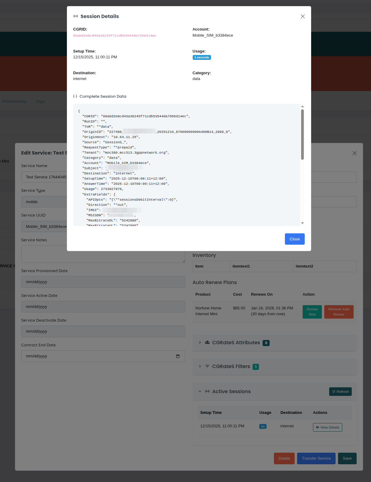 Modal de Detalles de Sesión de CGRateS
