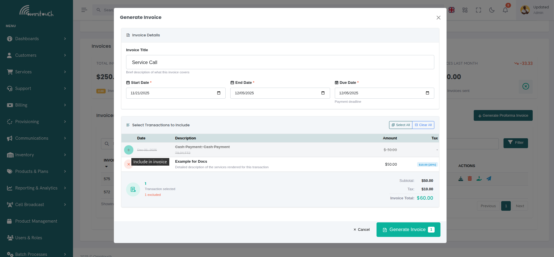 Modal de Generación de Factura con Vista Previa de Transacción