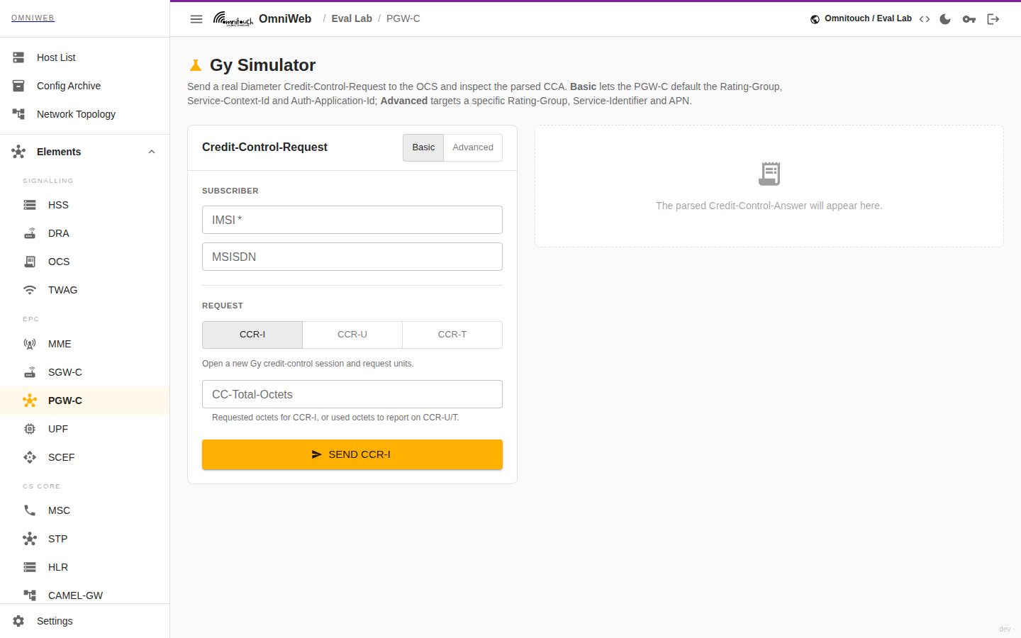 La pestaña de Prueba de Gy: un formulario que emite una Solicitud de Control de Crédito Gy al OCS y muestra la Respuesta de Control de Crédito analizada