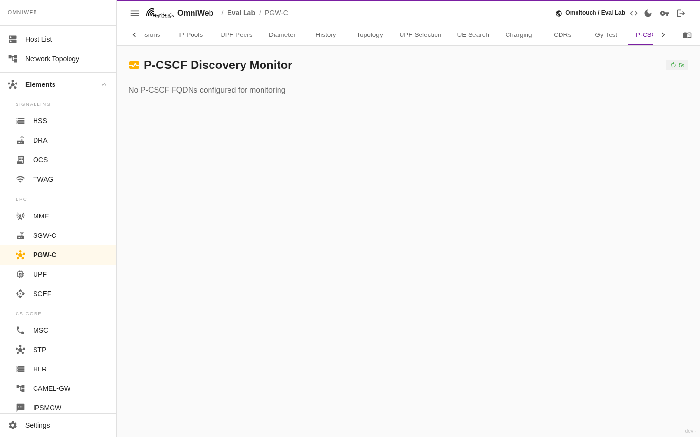 La pestaña de Monitor de P-CSCF mostrando el estado y métricas del monitor de descubrimiento de P-CSCF