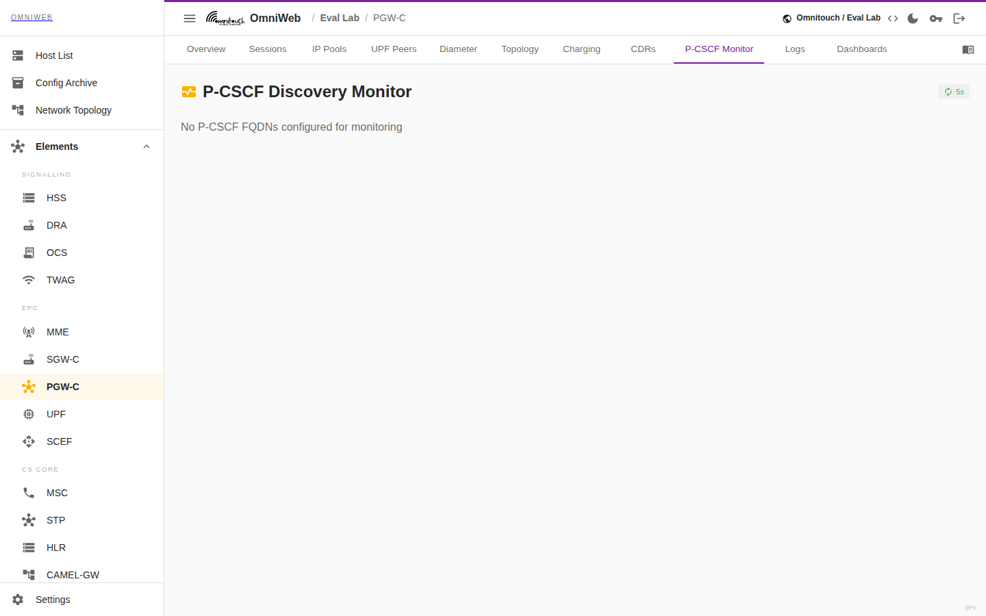 La pestaña de Monitor de P-CSCF muestra el estado y métricas del monitor de descubrimiento de P-CSCF