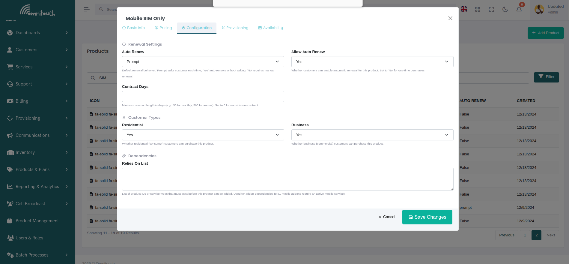 Modal de Producto - Pestaña de Configuración
