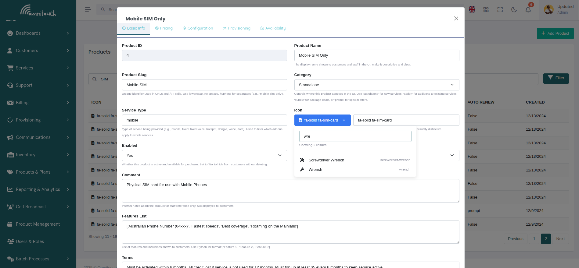 Modal de Producto - Selector de Íconos