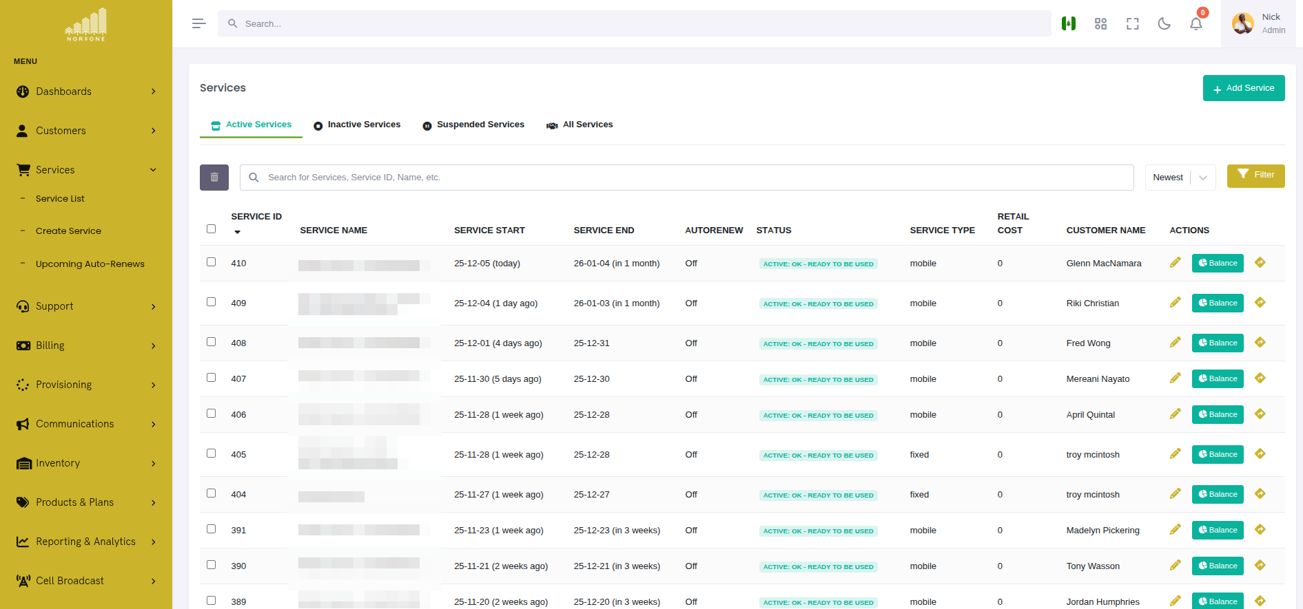 Vista de la Lista de Servicios
