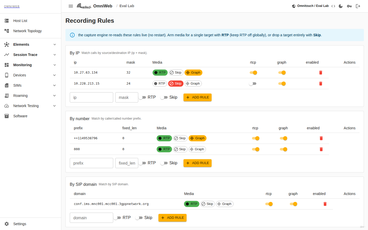 La vista de Reglas de Grabación de Trazado de Llamadas: tablas de reglas Por IP, Por número y Por dominio SIP con toggles de RTP, Saltar y Gráfico