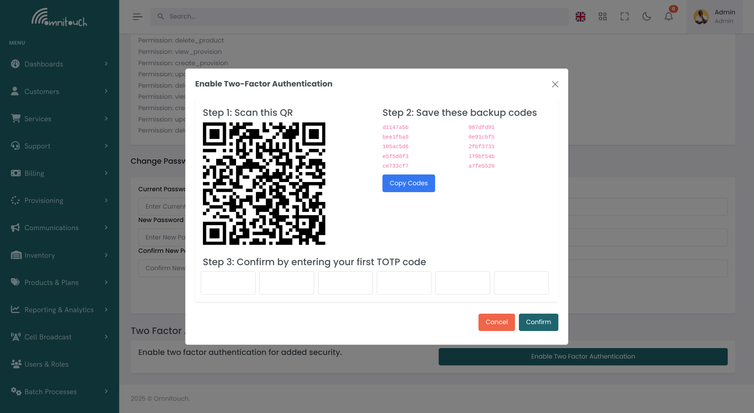 Interface de configuration 2FA