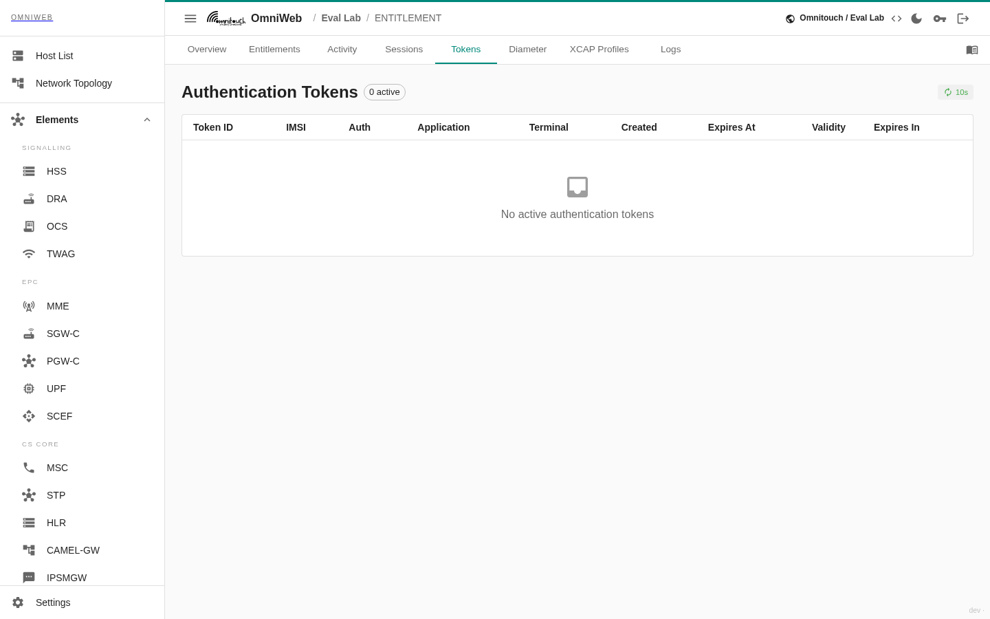 L'onglet Jetons listant les jetons d'authentification actifs émis aux appareils