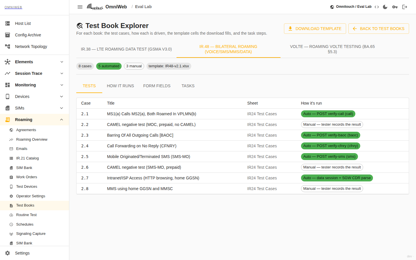 L'Explorateur de Livre de Test montrant le livre IR.48 : huit cas avec un résumé des comptes automatisés et manuels, et un tableau de chaque cas avec comment il est exécuté