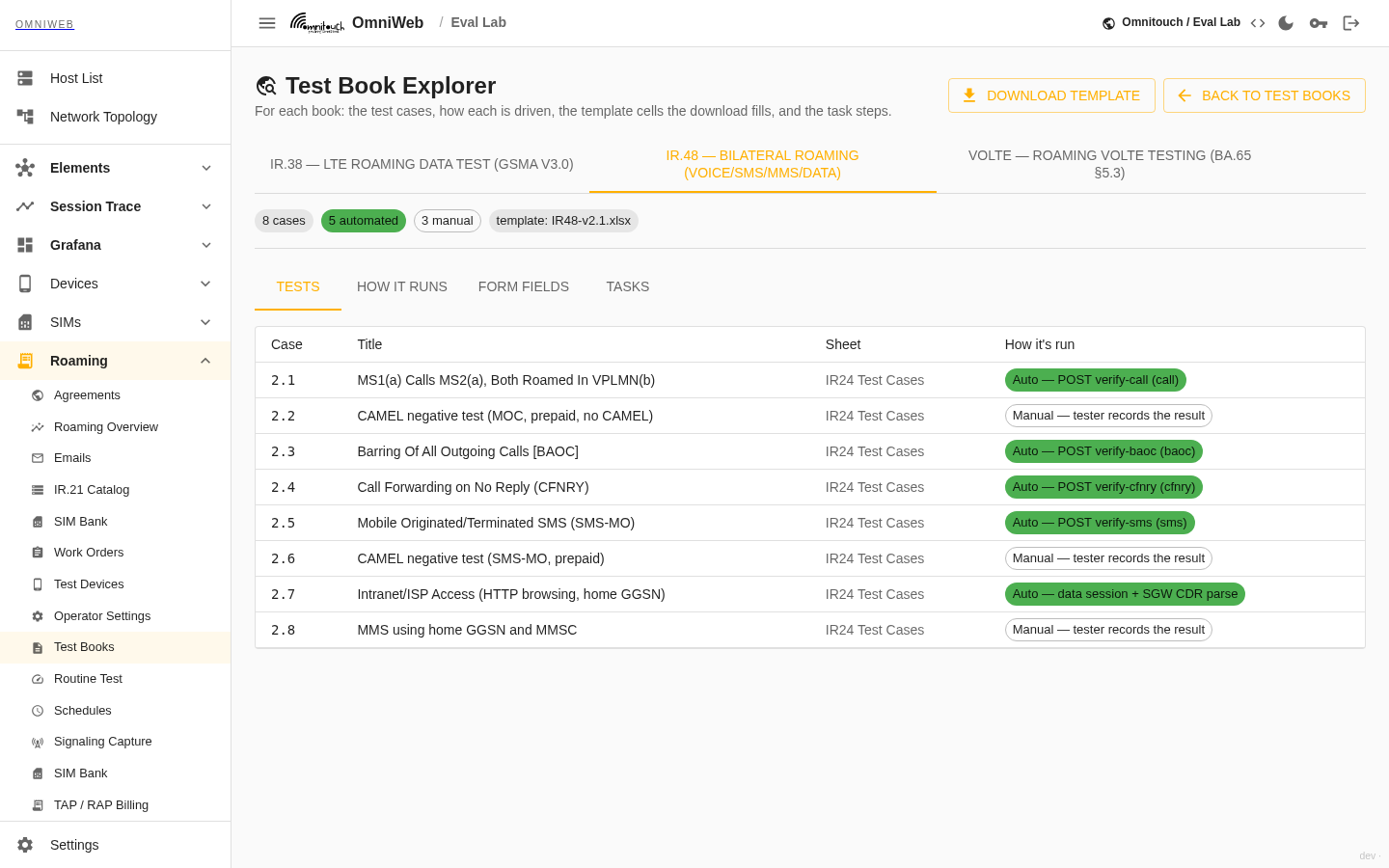 L'Explorateur de Livre de Test montrant le livre IR.48 : huit cas avec un résumé des comptes automatisés et manuels, et un tableau de chaque cas avec comment il est exécuté