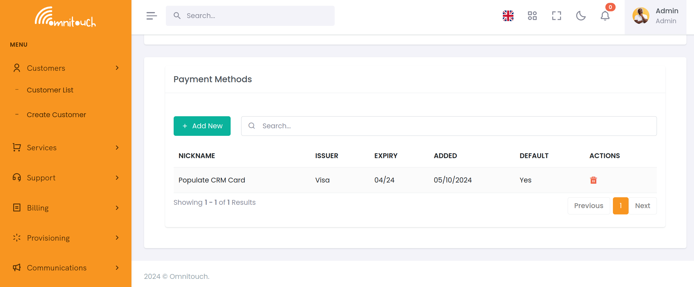 Interface de Gestion des Méthodes de Paiement