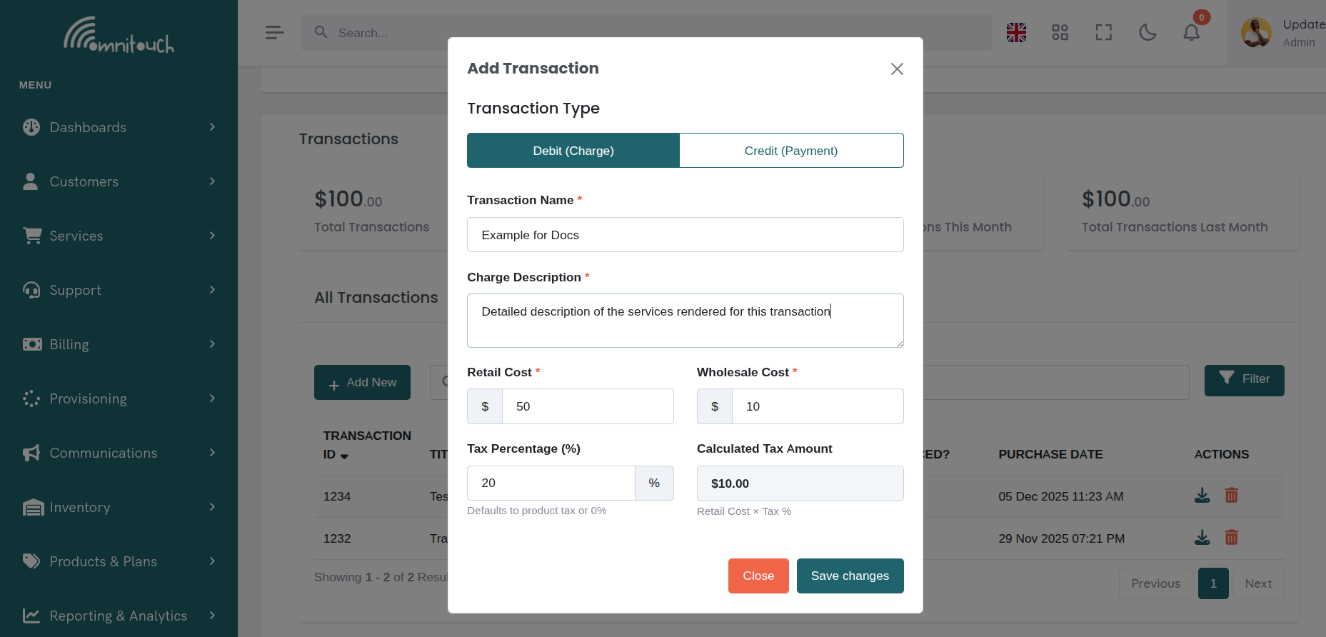 Ajouter Modal de Transaction Débité