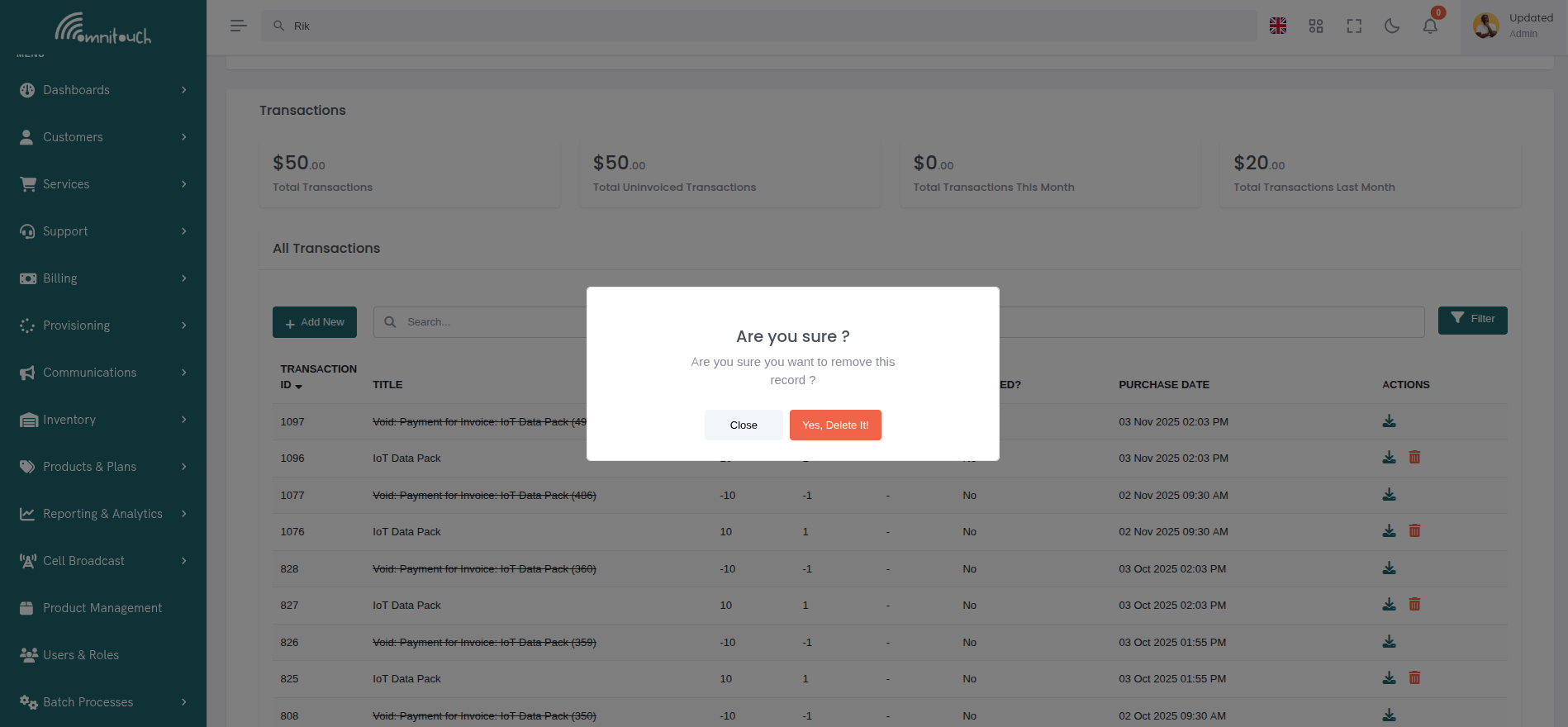 Modal de Confirmation d'Annulation de Transaction