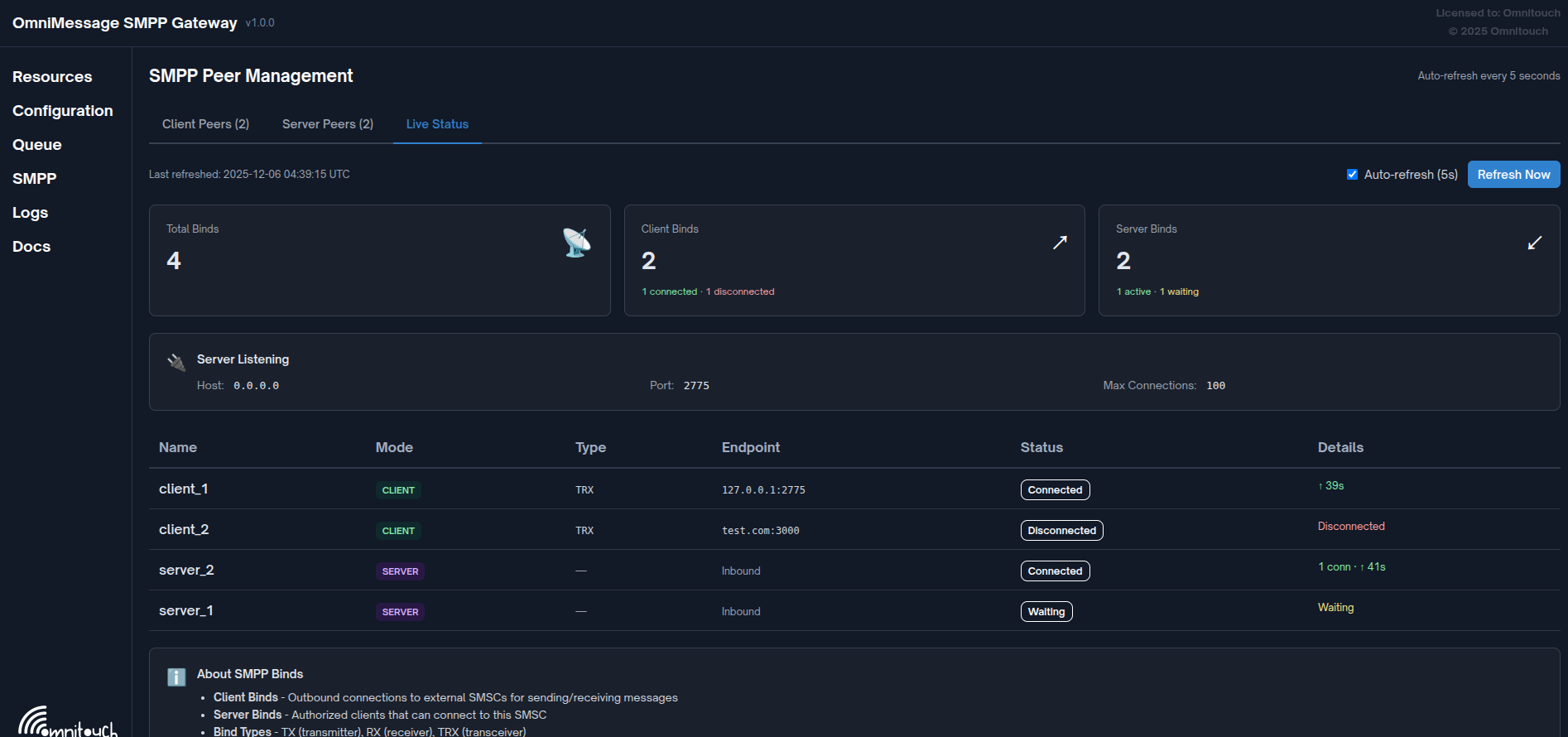 Dashboard de Status Ao Vivo - Visão em tempo real de todas as conexões e status de pares SMPP