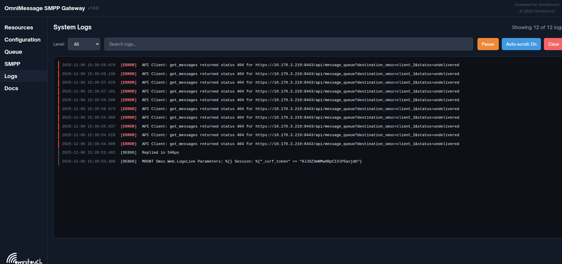 Aba de Logs do Sistema - Visualizador de logs em tempo real com filtragem por nível e pesquisa