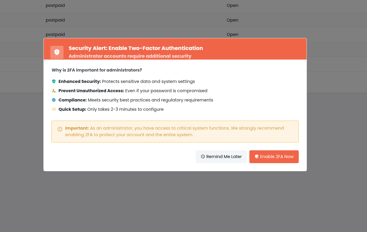 OmniCRM 2FA nag popup shown to admin users