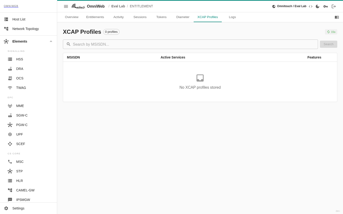 A aba de Perfis XCAP listando os perfis de serviço XCAP por assinante