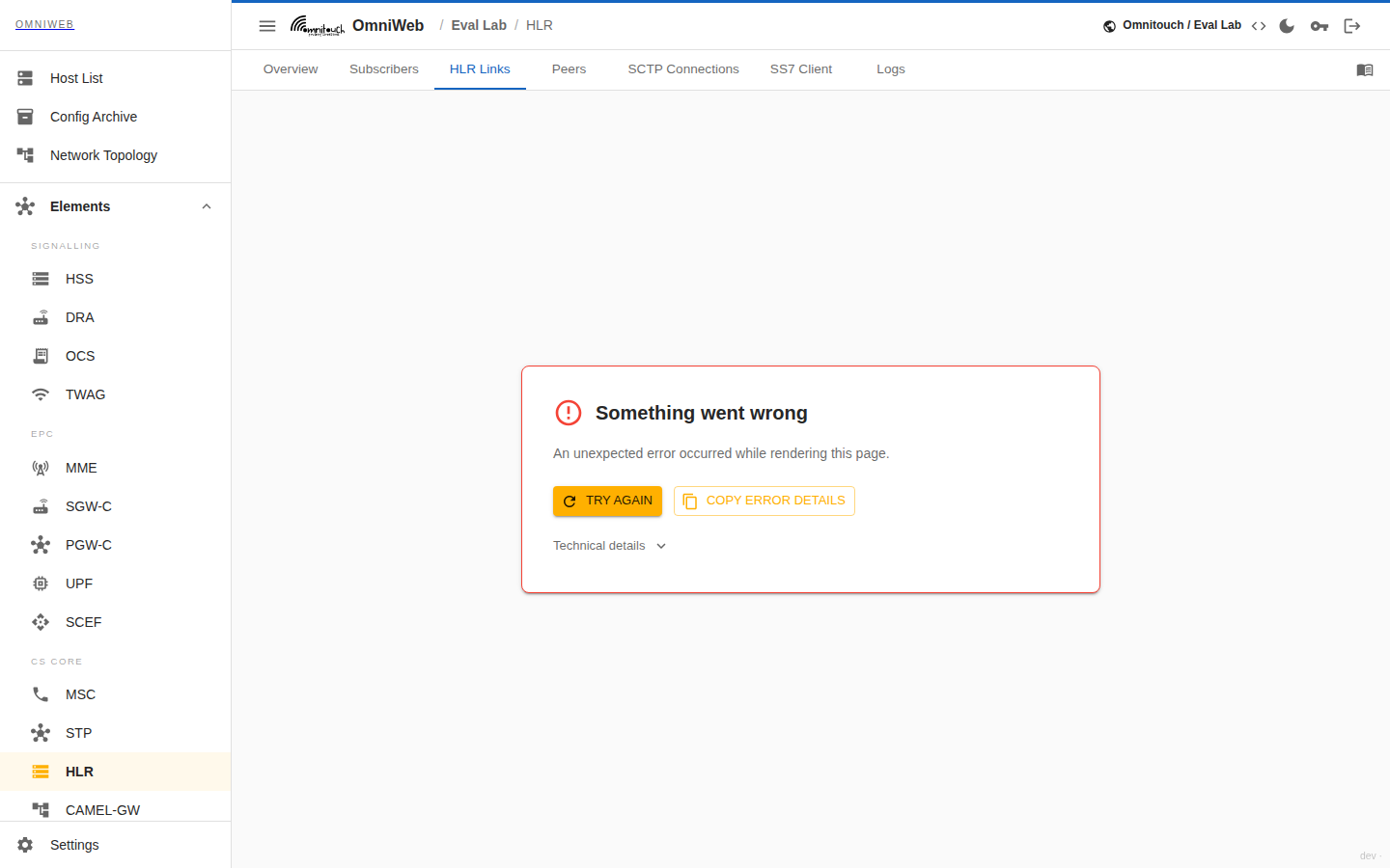 A aba de links do HLR mostrando conectividade com a API HLR configurada: status, latência e versão