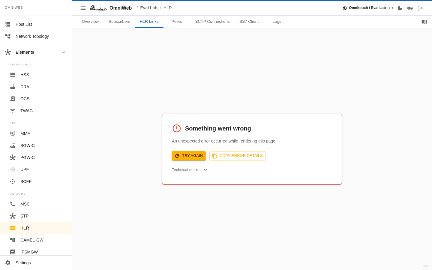 A aba de links do HLR mostrando conectividade com a API HLR configurada — status, latência e versão