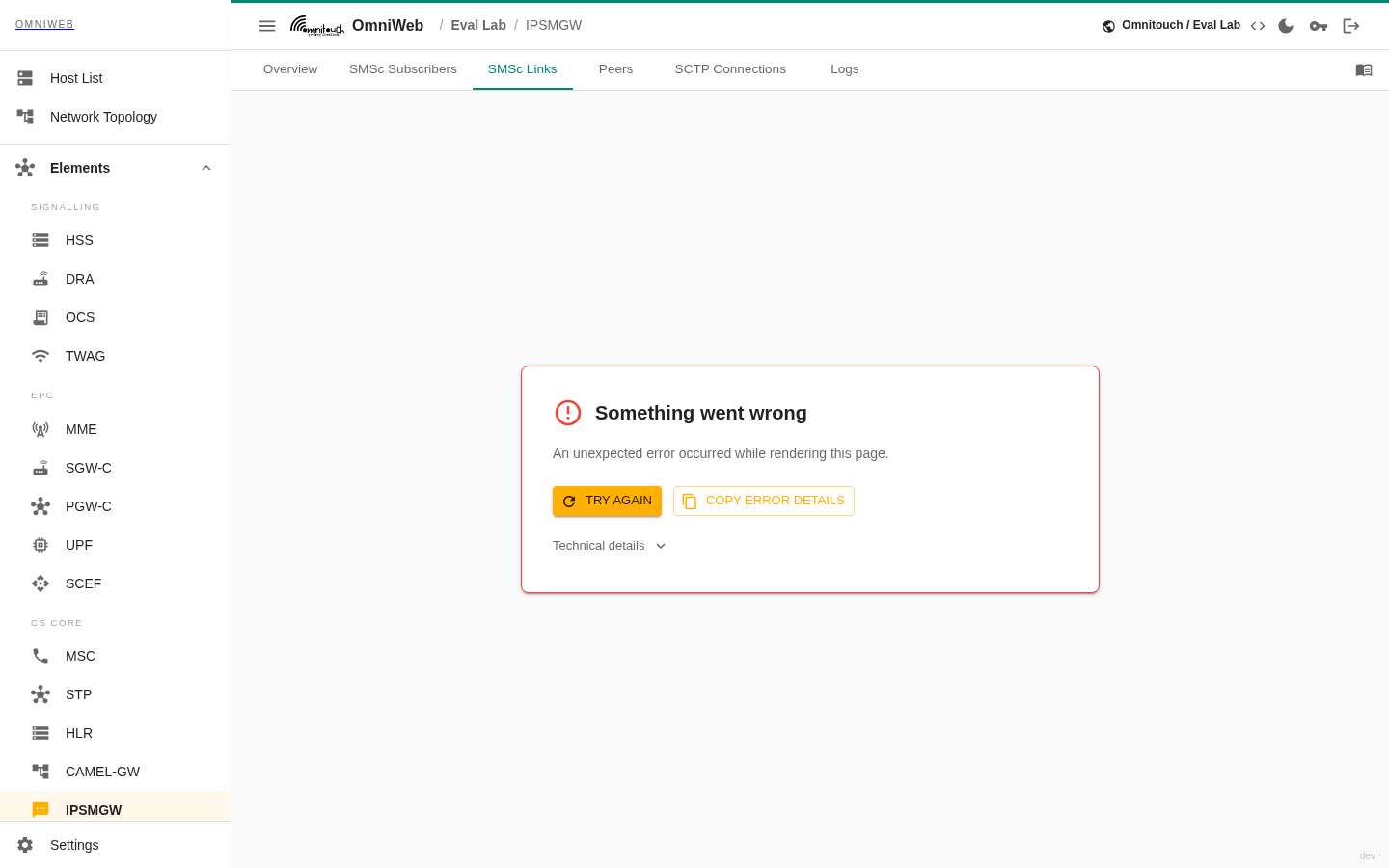 A aba de links SMSc do IP-SM-GW mostrando conectividade com a API SMSc configurada — status, latência e versão