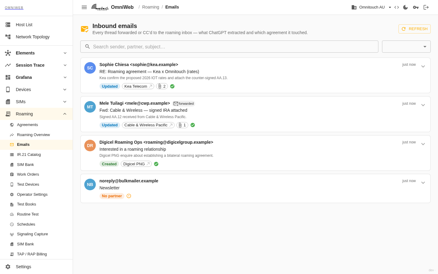 O Log de Email de Entrada listando emails de parceiros processados, cada um mostrando remetente, assunto, anexos, se a extração de IA foi bem-sucedida e o que o email mudou no acordo
