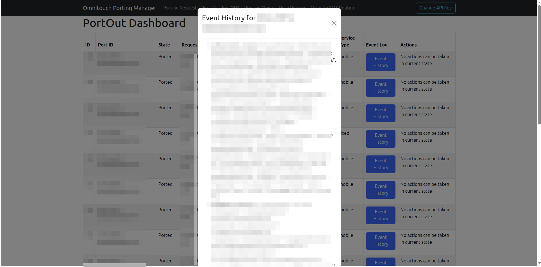 Modal de histórico de eventos de Port OUT