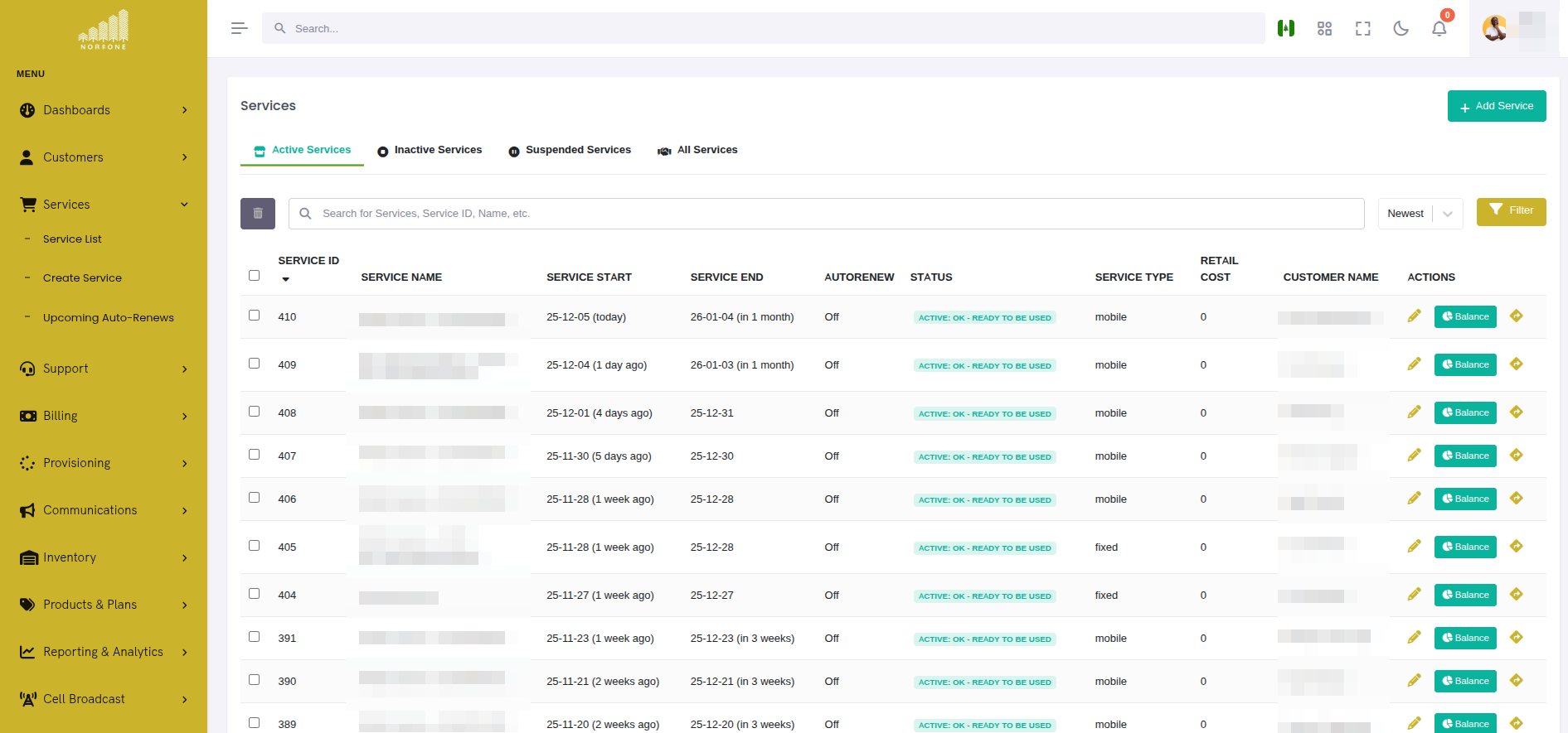 Visualização da Lista de Serviços