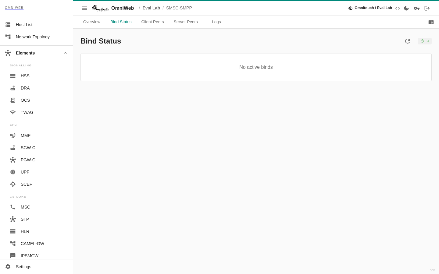A aba Status do Bind listando todos os binds SMPP habilitados com sua direção, estado de conexão, detalhes da sessão e métricas