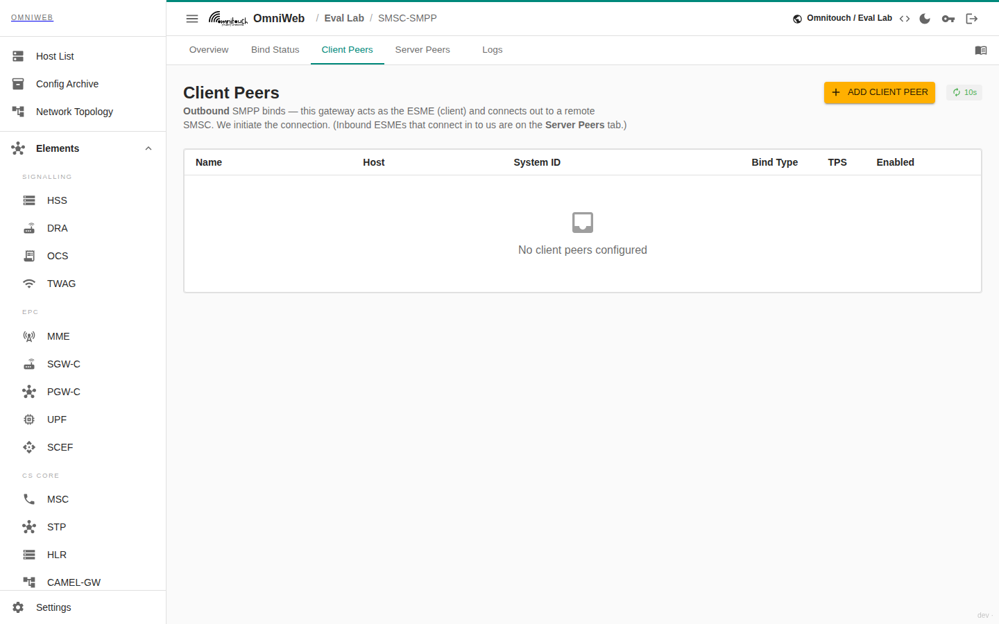 A aba de Pares de Cliente que lista as conexões SMPP de saída que o gateway disca, com host, porta, ID do sistema e tipo de bind