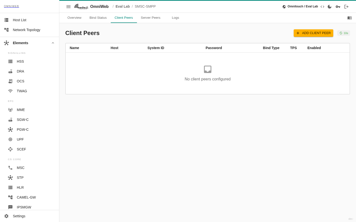 A aba Pares de Cliente listando as conexões SMPP de saída que o gateway disca, com host, porta, ID do sistema e tipo de bind