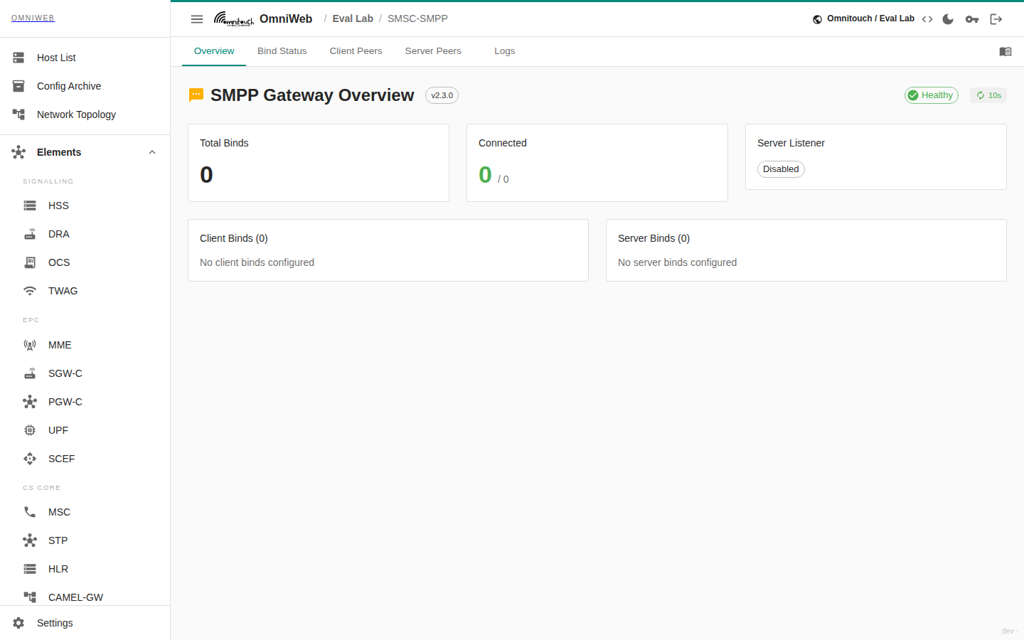 A visão geral do Gateway SMPP: contagens agregadas de binds com a divisão conectada e desconectada entre binds de cliente e servidor