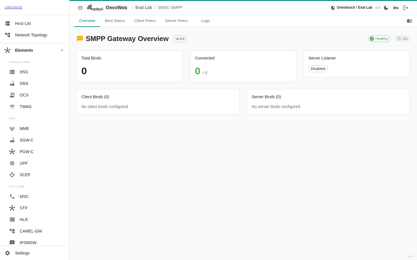 Visão geral do Gateway SMPP — contagens agregadas de binds com a divisão conectada e desconectada entre binds de cliente e servidor