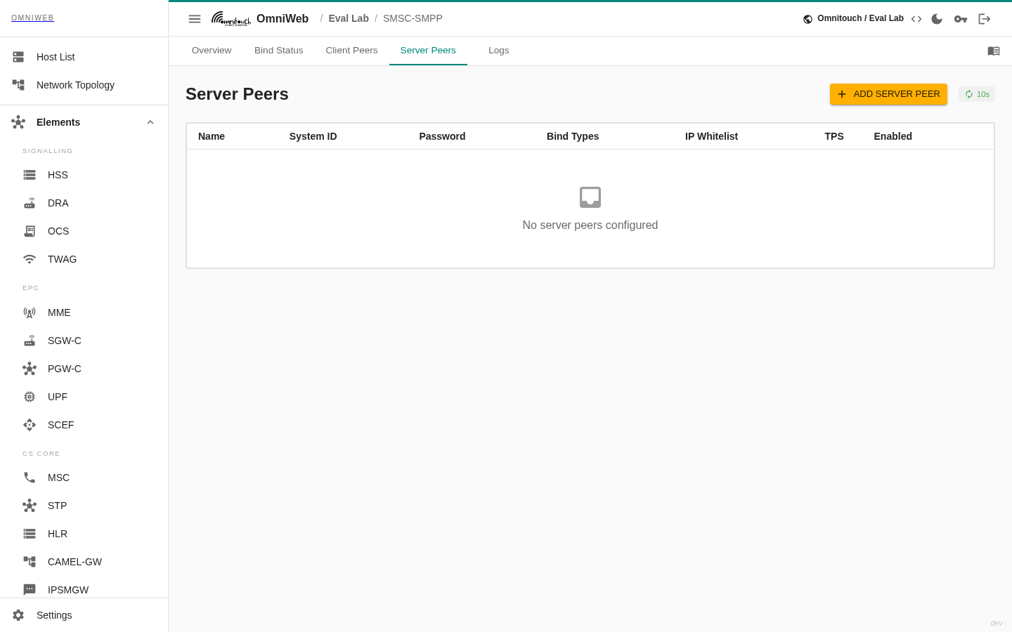 A aba Pares de Servidor listando as autorizações SMPP de entrada que o gateway aceita, com ID do sistema, tipos de bind permitidos e restrições de origem