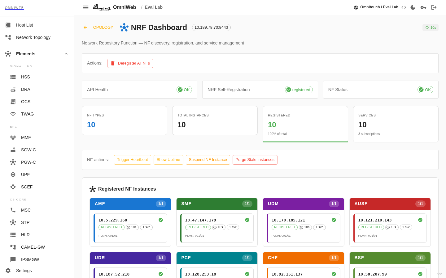 NRF 仪表板 — NF 类型/实例/服务摘要卡和按类型注册的 NF 实例网格
