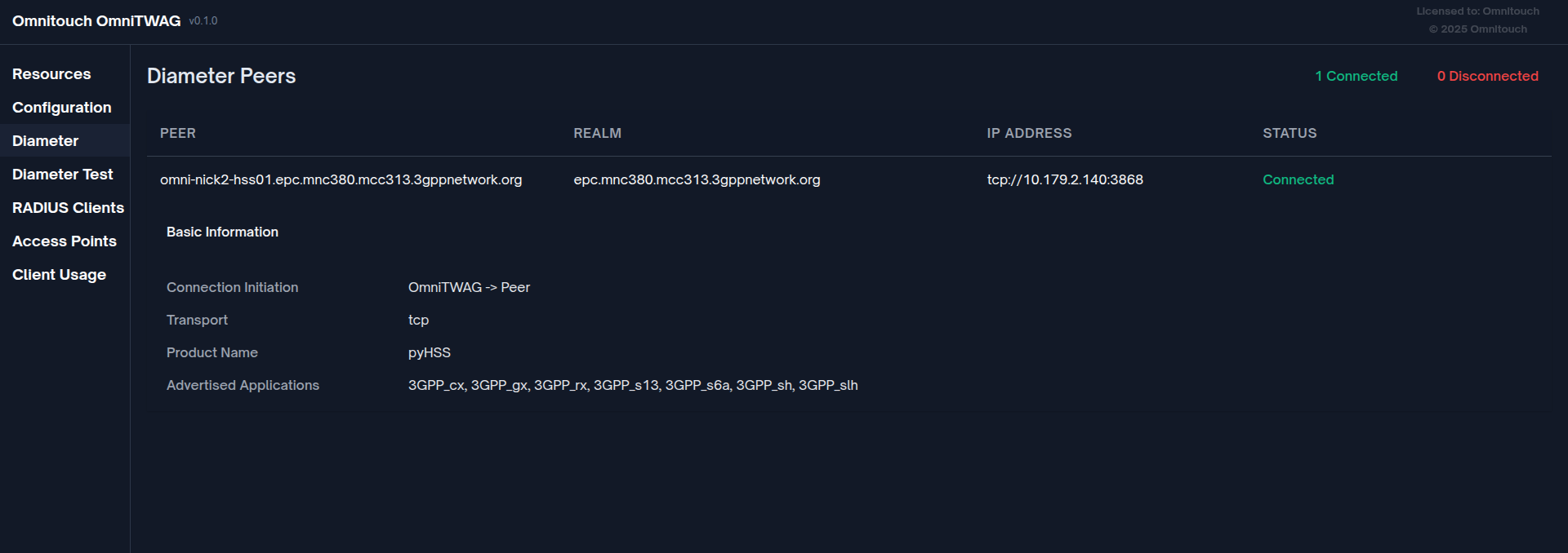 Web UI 显示 Diameter 对等方